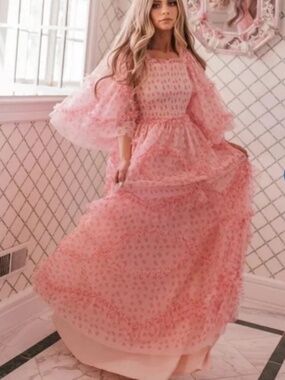JessaKae Ever After Pink Floral Ruffle Maxi Dress Small Cottagecore Romantic